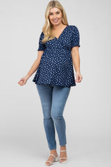 Navy Ditsy Floral Smocked Sleeve Maternity Wrap Top