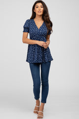 Navy Ditsy Floral Smocked Sleeve Wrap Top