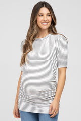 White Striped Puff Sleeve Maternity Fitted Top