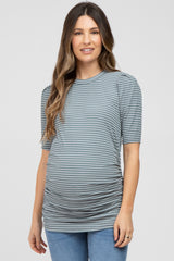 Olive Striped Puff Sleeve Maternity Fitted Top