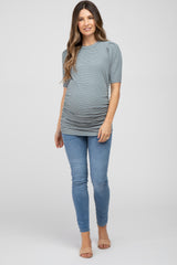 Olive Striped Puff Sleeve Maternity Fitted Top