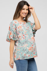 Light Olive Floral Ruffle Sleeve Maternity Blouse
