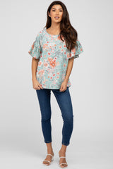 Light Olive Floral Ruffle Sleeve Blouse