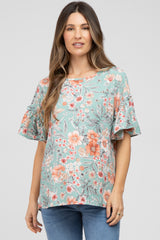 Light Olive Floral Ruffle Sleeve Maternity Blouse