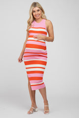 Pink Striped Ribbed Maternity Midi Dress