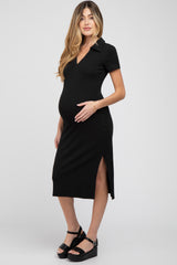 Black Collared Ribbed Maternity Midi Dress