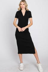 Black Collared Ribbed Midi Dress