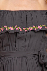 Charcoal Floral Embroidered Off Shoulder Maternity Dress