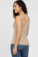 Taupe Lace Accent Ribbed Tank Top