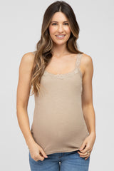 Taupe Lace Accent Ribbed Maternity Tank Top