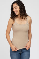 Taupe Lace Accent Ribbed Tank Top