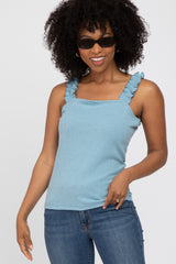 Light Blue Ribbed Square Neck Ruffle Strap Maternity Top