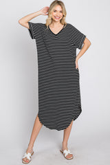 Black Striped Ribbed Curved Hem Midi Dress