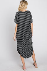 Black Striped Ribbed Curved Hem Midi Dress