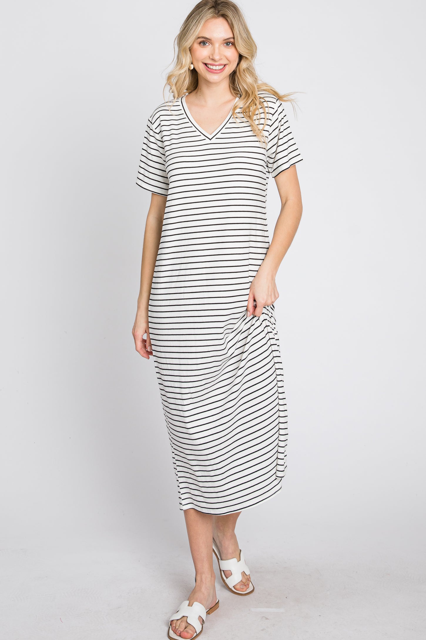 Ivory Striped Ribbed Midi Dress