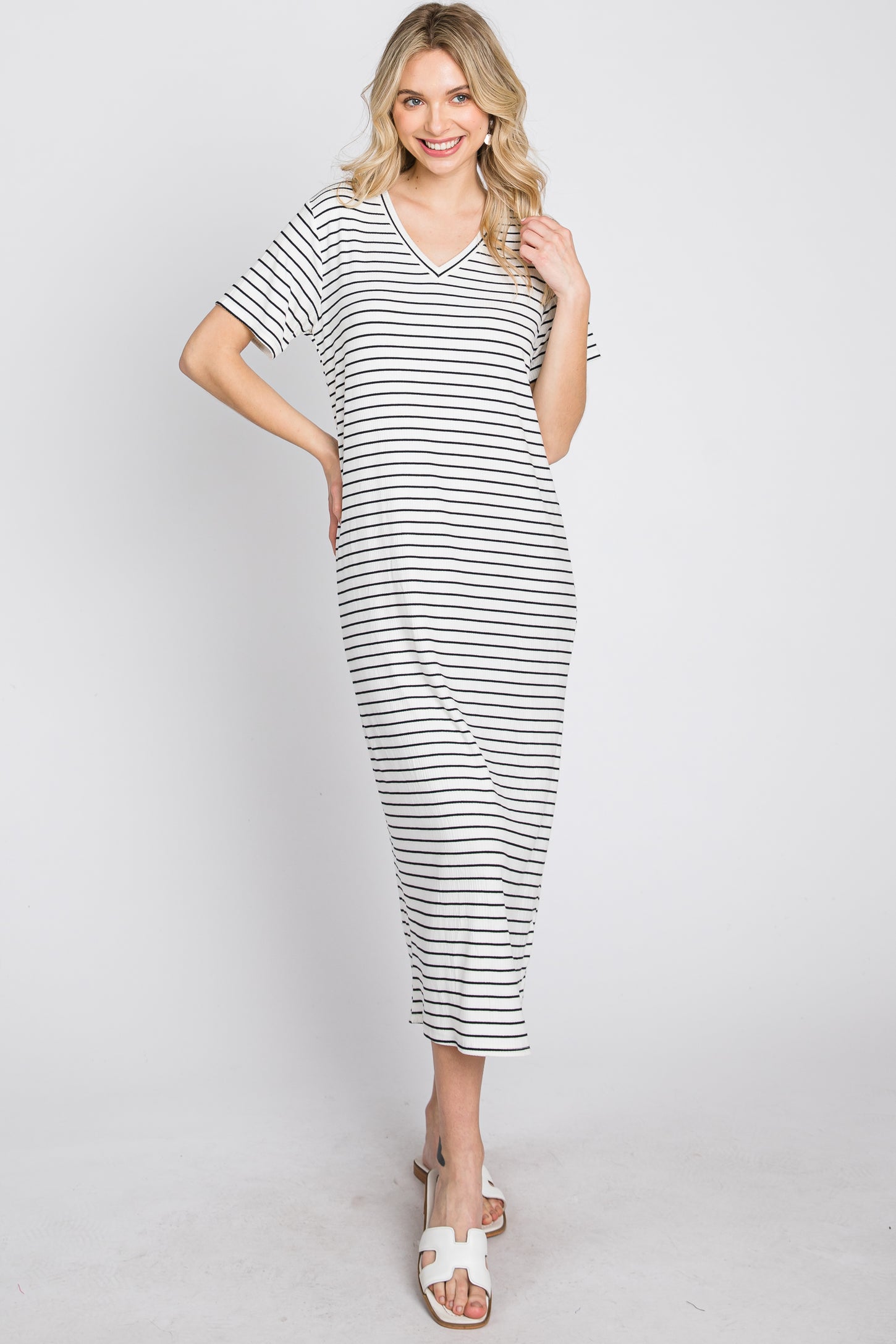 Ivory Striped Ribbed Midi Dress