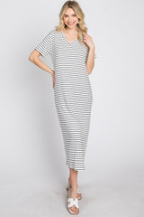 Ivory Striped Ribbed Midi Dress