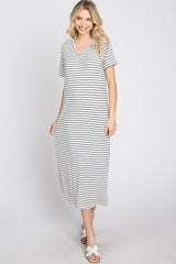 Ivory Striped Ribbed Midi Dress