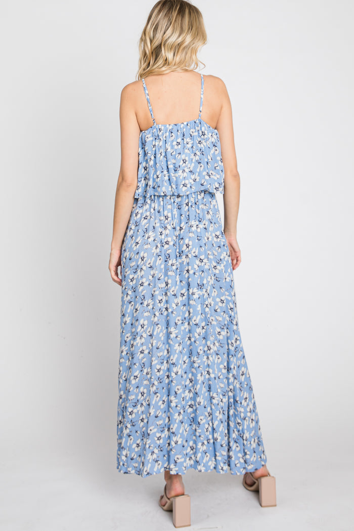 Light Blue Floral Flounce Maxi Dress