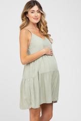 Light Olive Tiered Maternity Mini Dress