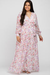 White Floral Chiffon Long Sleeve Pleated Maternity Plus Maxi Dress