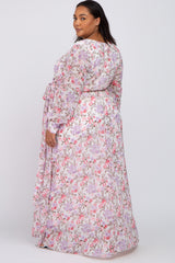 White Floral Chiffon Long Sleeve Pleated Maternity Plus Maxi Dress