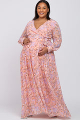 Pink Floral Chiffon Long Sleeve Pleated Maternity Plus Maxi Dress