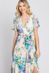 Blue Floral Chiffon Short Sleeve Side Slit Maxi Dress