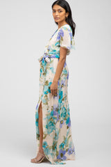 Blue Floral Chiffon Short Sleeve Side Slit Maternity Maxi Dress
