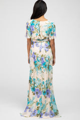Blue Floral Chiffon Short Sleeve Side Slit Maternity Maxi Dress