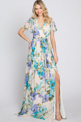 Blue Floral Chiffon Short Sleeve Side Slit Maxi Dress