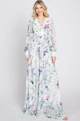 White Floral Chiffon Long Sleeve Pleated Maternity Maxi Dress