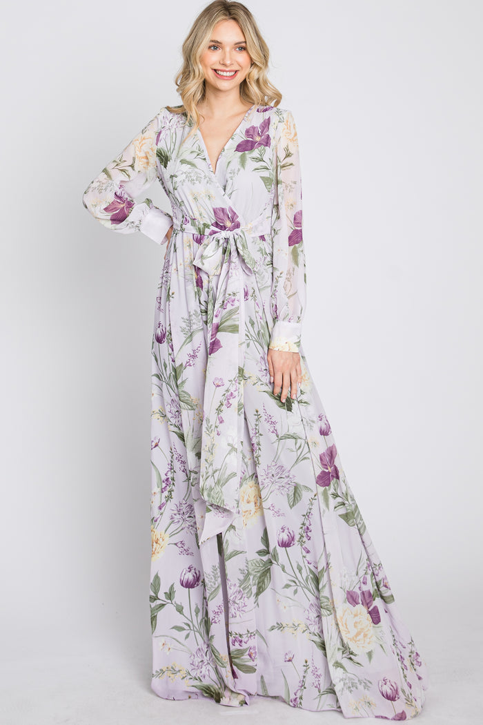 Lavender Floral Chiffon Long Sleeve Pleated Maxi Dress