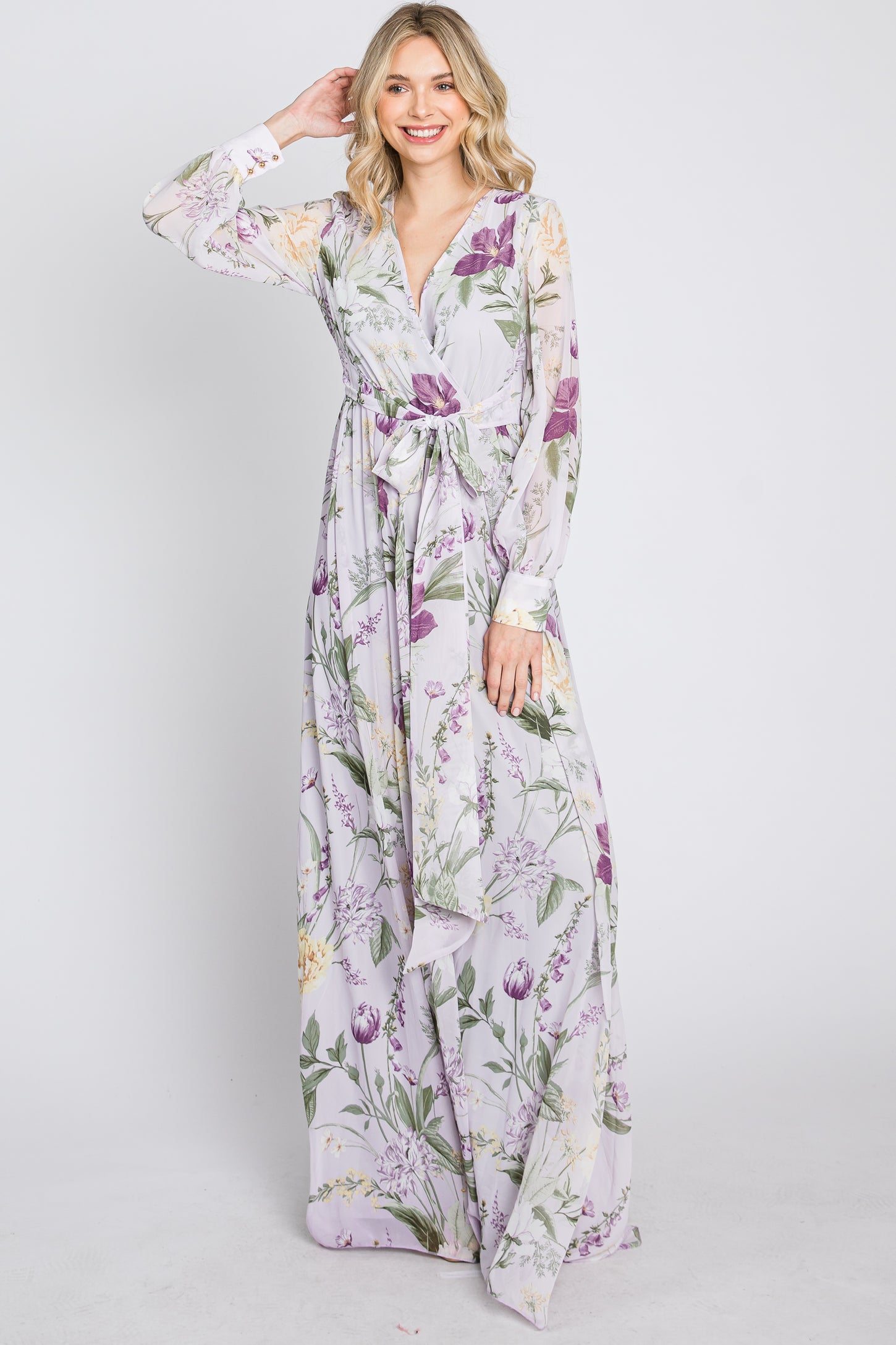 Lavender Floral Chiffon Long Sleeve Pleated Maxi Dress