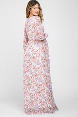 White Floral Chiffon Long Sleeve Pleated Maternity Maxi Dress