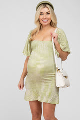 Light Olive Gingham Smocked Maternity Mini Dress