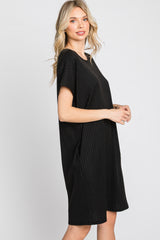 Black Ribbed Short Dolman Sleeve Dress