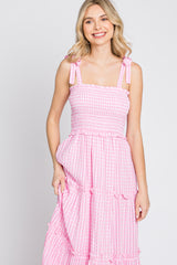 Pink Striped Smocked Shoulder Tie Midi Dress
