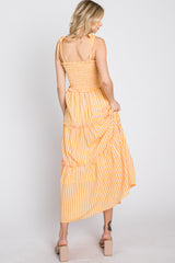 Orange Striped Smocked Shoulder Tie Midi Dress