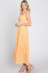 Orange Striped Smocked Shoulder Tie Midi Dress