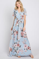 Light Blue Floral Chiffon Wrap Front Short Sleeve Maxi Dress