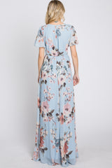 Light Blue Floral Chiffon Wrap Front Short Sleeve Maxi Dress
