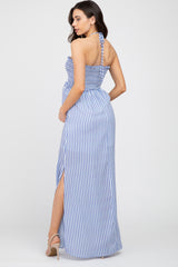 Blue Striped Cutout Front Halter Neck Maternity Maxi Dress