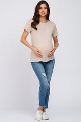 Beige Basic Short Sleeve Maternity Top