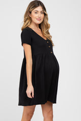 Black Button Front Basic Maternity Dress