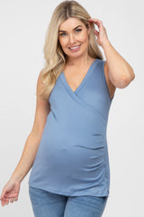 Blue Crossover Ruched Maternity Nursing Tank