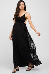 Black Crochet Lace Open Back Maternity Maxi Dress