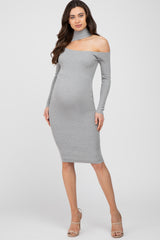 Grey Knit Cutout Neckline Long Sleeve Maternity Midi Dress