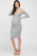 Grey Knit Cutout Neckline Long Sleeve Maternity Midi Dress