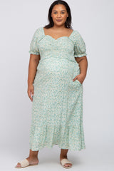 Mint Green Floral Sweetheart Neck Maternity Plus Midi Dress